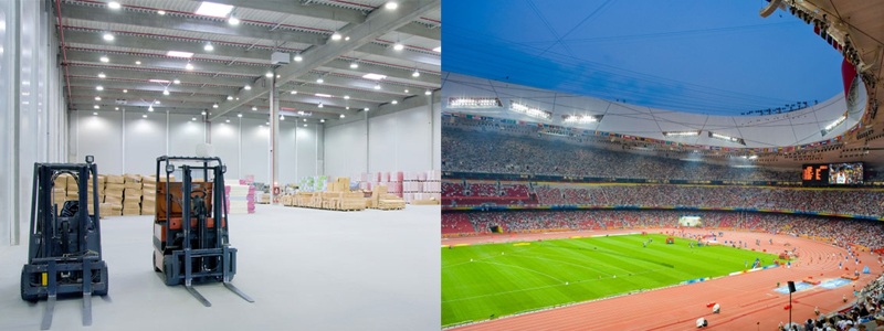 LED工礦燈工廠生產(chǎn)車間照明和LED投光燈體育場館照明效果