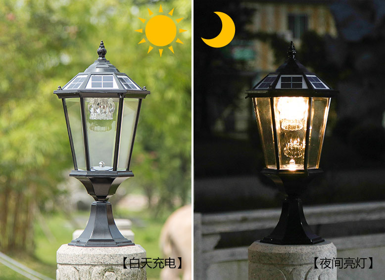 (QDTYN-ZTD003)小區高檔圍墻太陽能柱頭燈白天充電夜晚亮燈對比效果圖片