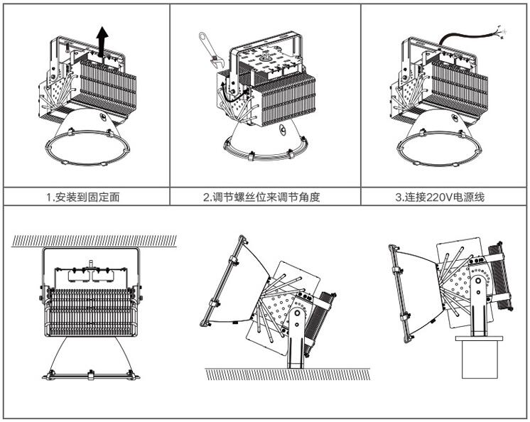 東莞七度照明多用途防水大功率led塔吊燈安裝示意圖